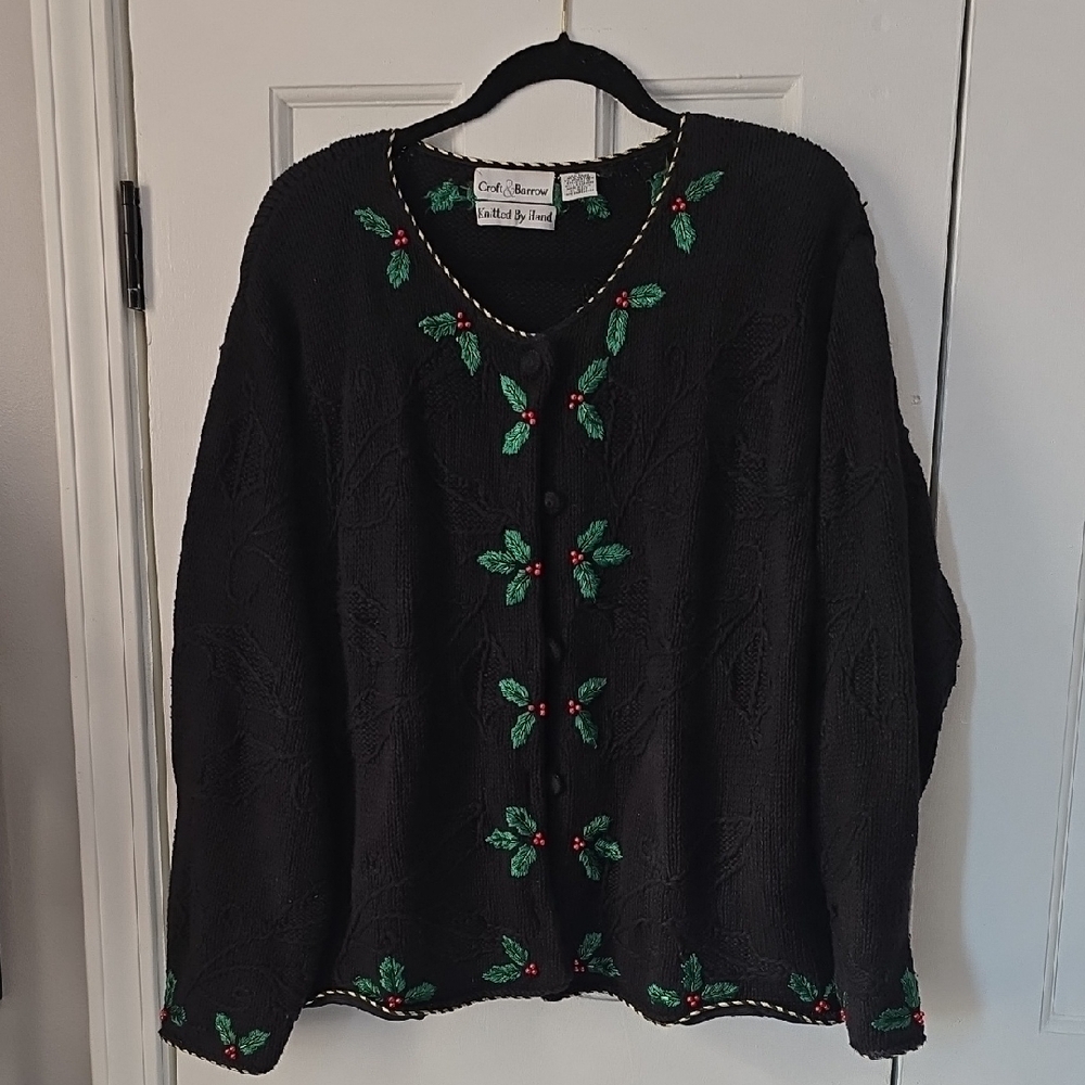 Carol Rose Black Cardigan with Green and Red Embroidery